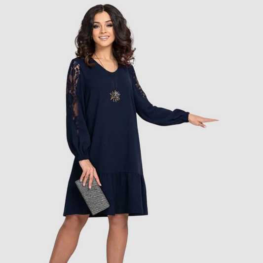 Lowri Quinn | Lace-Sleeve Midi Dress Dark Blue