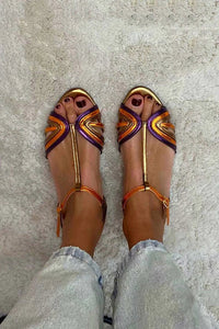 Constance – Multicolour and Gold Buckle T-Bar Peep-Toe Sandals
