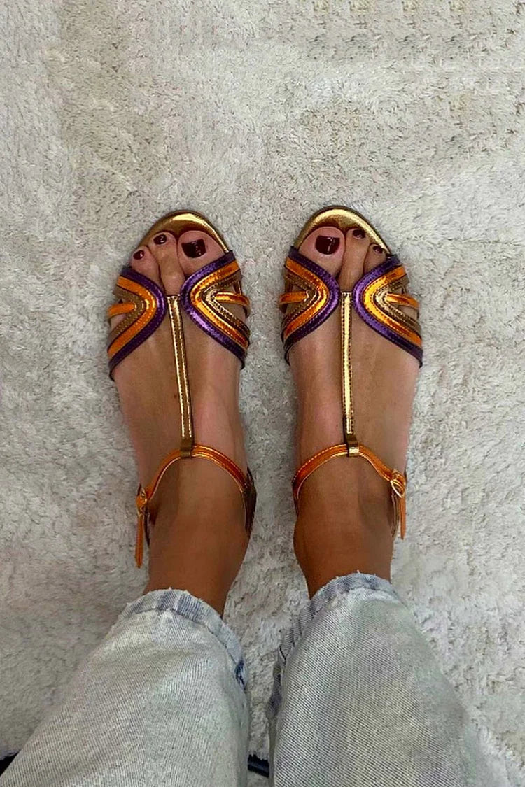Constance – Multicolour and Gold Buckle T-Bar Peep-Toe Sandals
