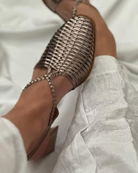 Henrietta – Champagne Metallic Woven Strappy Block Heels