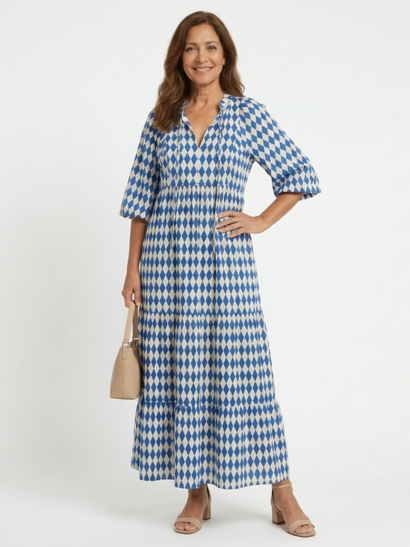 Mabel – Diamond Pattern Tiered Midi Dress
