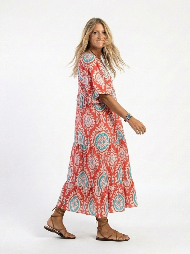 Bella – Paisley Print V-Neck Short Sleeve Midi Dress