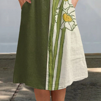 Maya - Vintage Abstract Cotton Linen Sleeveless Wrap Dress with Side Pockets