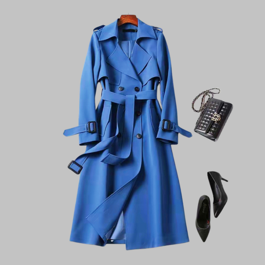 Tia - Elegant Knee-Length Loose Fit Coat Blue