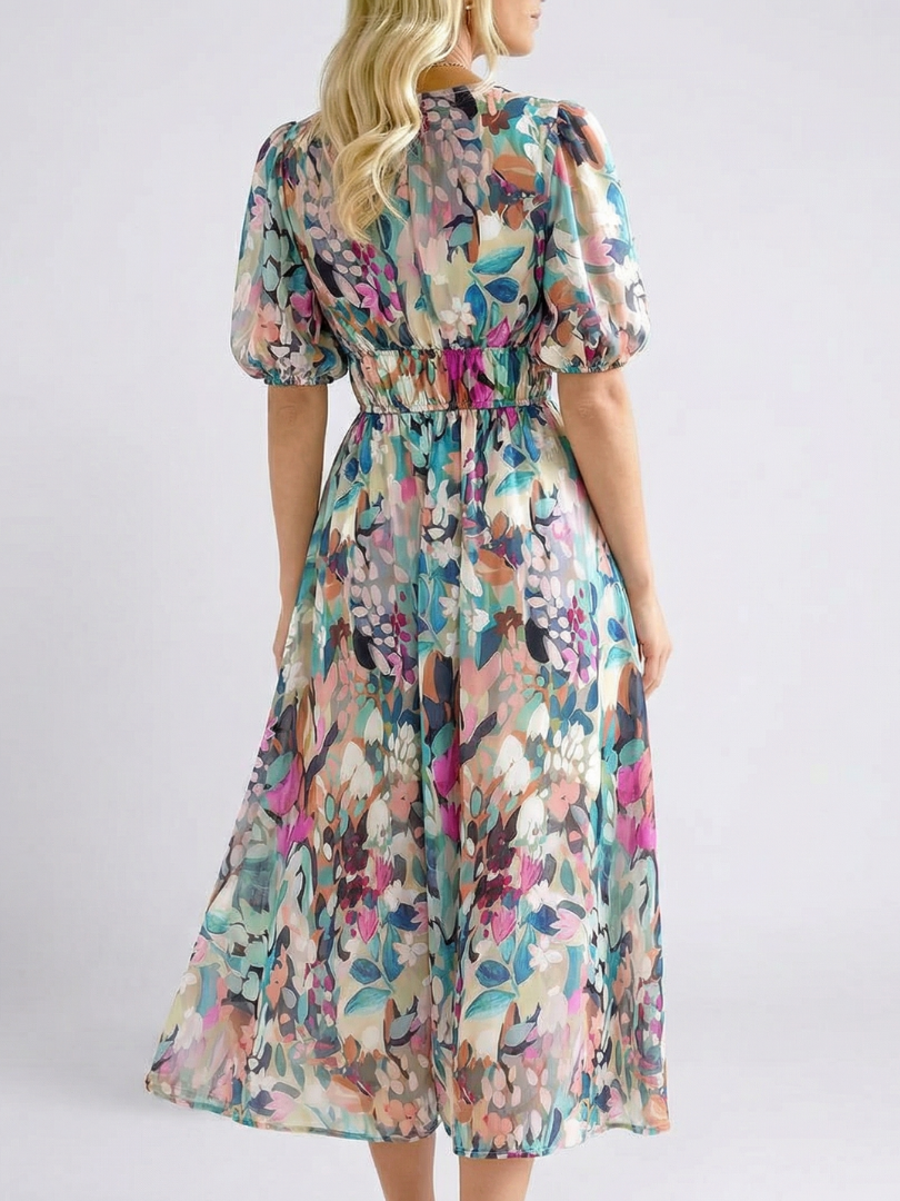 Imogen – V-Neck Short Sleeve Gathered Waist Midi Dress