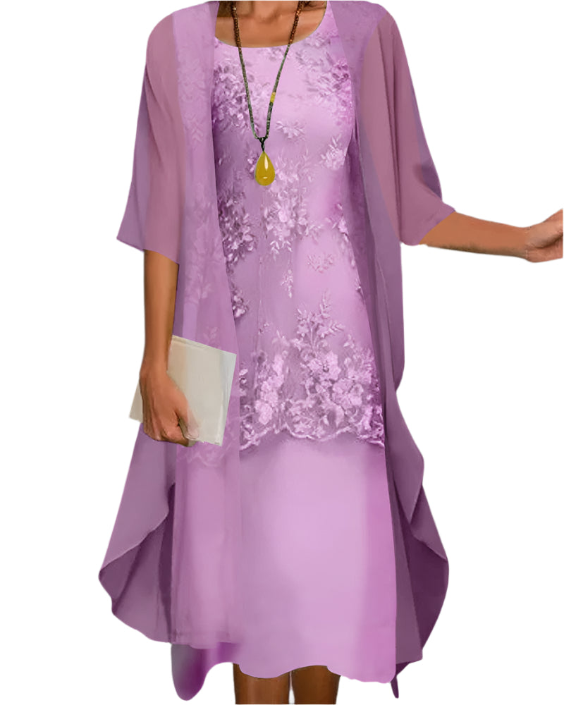 Caroline | Women Wedding Guest Dress Flowing Sheer Sleeve Midi Dress Purple