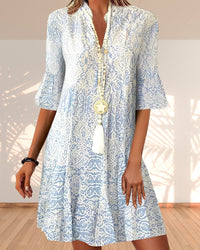 Sophie | Women's Boho Patterned V Neck Flare Sleeve Mini Dress Blue