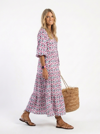 Clementine – Geometric Print Long Sleeve Tiered Midi Dress