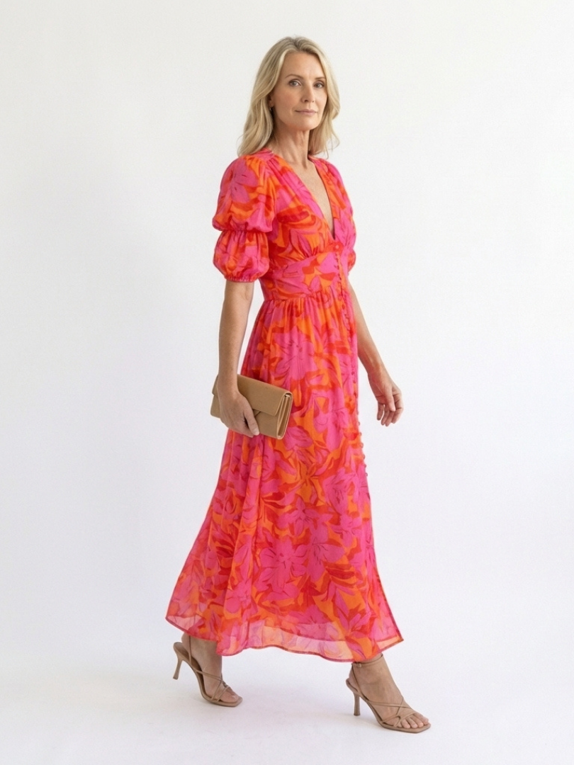 Robyn – Floral V-Neck Midi Dress with Puff Sleeves