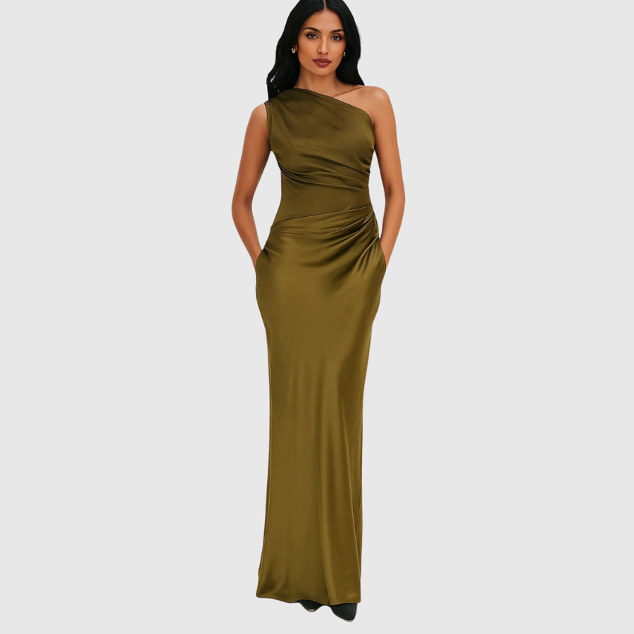Elara | Satin Asymmetric Evening Gown Green