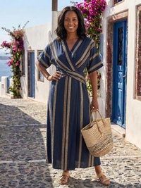 Greta - V-Neck Short Sleeve Striped Wrap Midi Dress