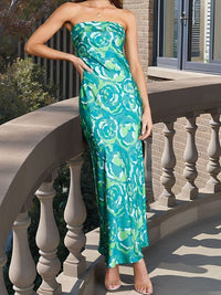 Floral Strapless Backless Maxi Cocktail Dress,Green