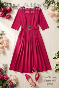 Summer Wedding Guest Dress Fuchsia Square Neck Belted A Line Midi