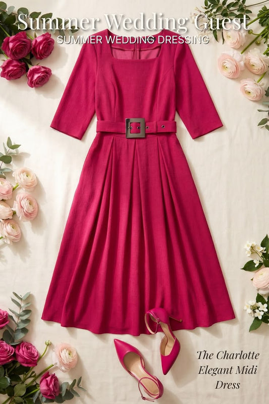 Summer Wedding Guest Dress Fuchsia Square Neck Belted A Line Midi