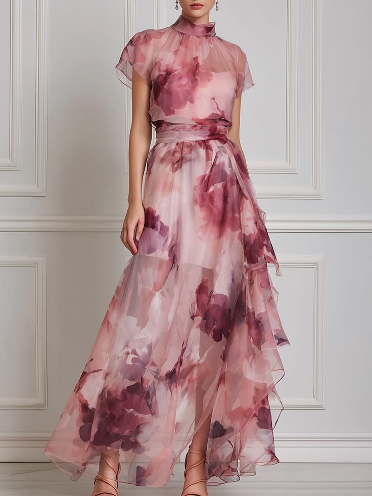 Romantic Watercolor Floral Chiffon Maxi Dress Nude Pink 2