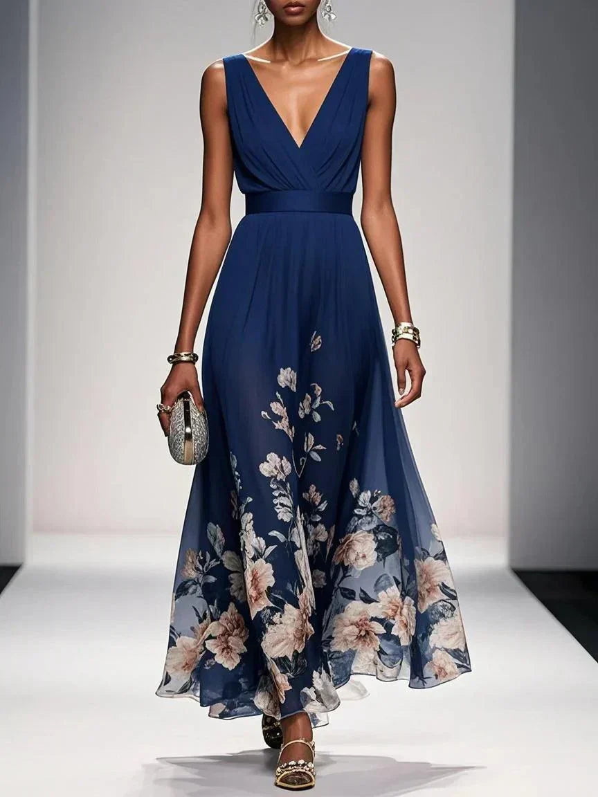 Isabella | Women's Floral Print Wedding Guest Dress Navy Blue