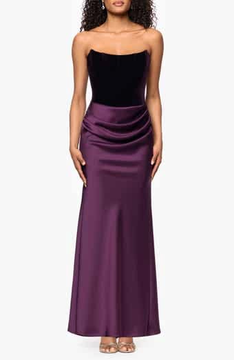 Satin Ruffle Detail Strapless Scuba Crepe Corset Gown (Women)