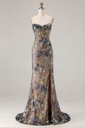 Black Mermaid Strapless Corset Appliqued Sequin Long Prom Dress With