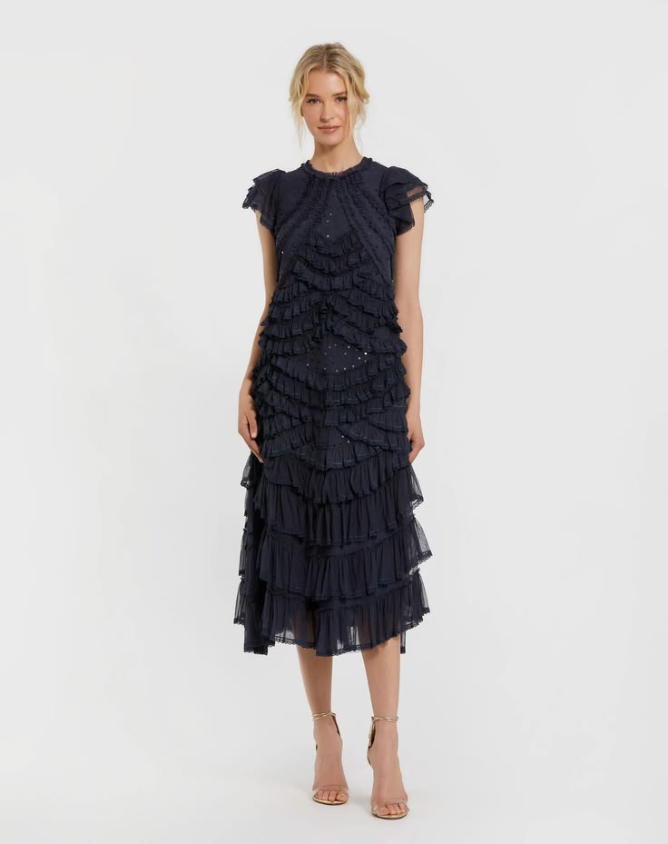 Mac Duggal Navy High Neck Cap Sleeve Micro Ruffle Midi Dress Navy