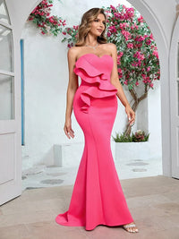 Sexy Strapless Ruffle Edge Design Rose Red Sleeveless Backless Party