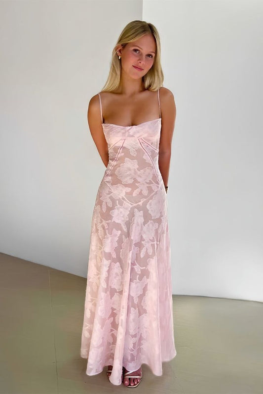 Pink Sheath Satin Floral Spaghetti Straps Long Prom Dress