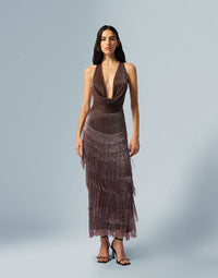 Arrange Beaded Fringe Plunge Cowl Maxi Dress In Chocolate