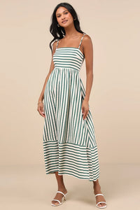 Exceptionally Pristine Green And Cream Striped Cutout Midi Dress