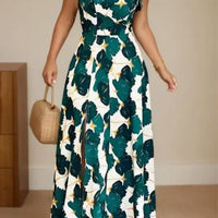 Elegant Blue Green Leaf Print Maxi Dress Color: Blue White Size: