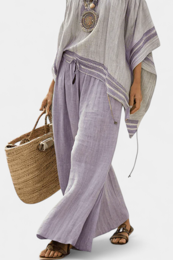 Serena – Shoulder Top and Wide-Leg Striped Trousers