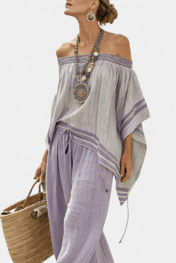Serena – Shoulder Top and Wide-Leg Striped Trousers