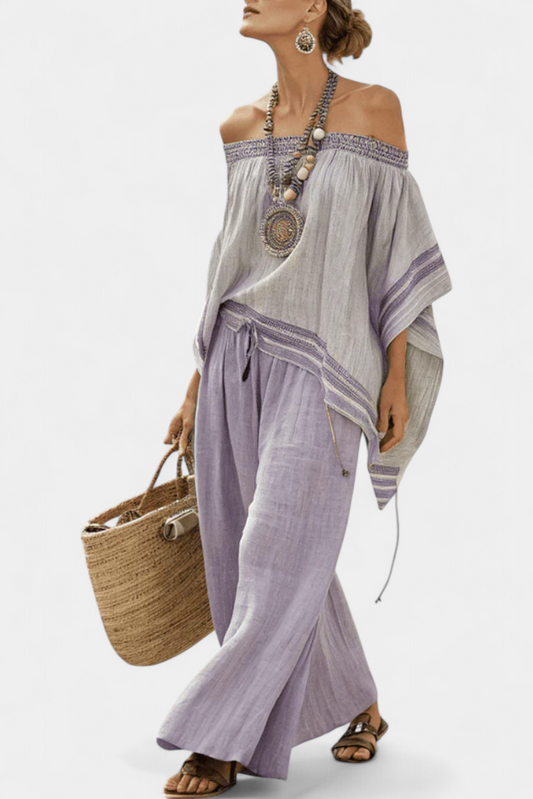 Serena – Shoulder Top and Wide-Leg Striped Trousers