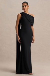 Zendaya Black Asymmetric Neck Fishtail Maxi Dress With Sash