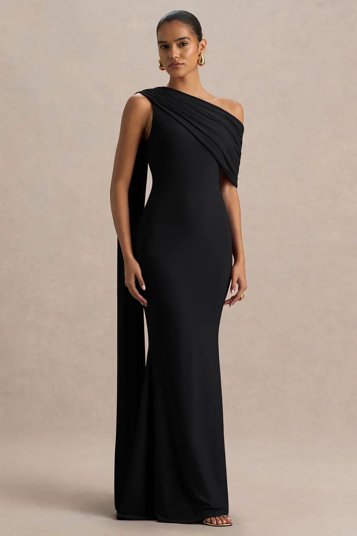 Zendaya Black Asymmetric Neck Fishtail Maxi Dress With Sash