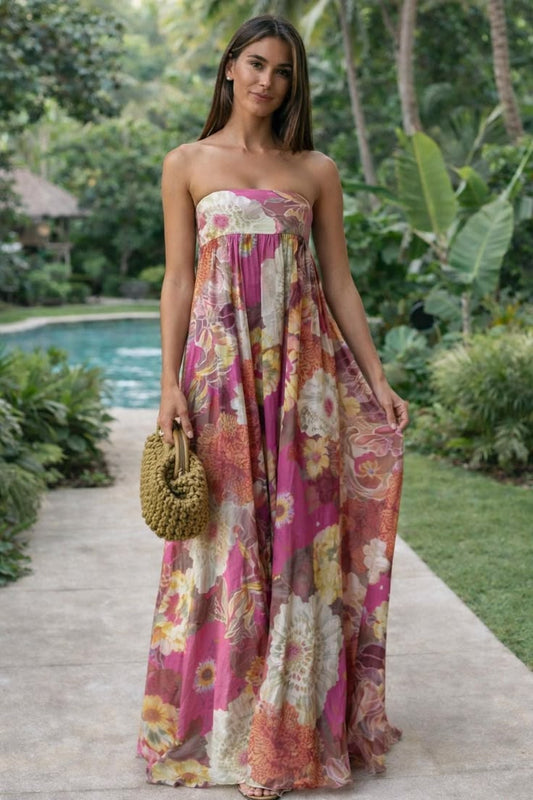 Floral Strapless Maxi Dress, Boho Summer Vacation Wedding Guest Style