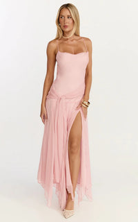Idris Maxi Dress Cowl Neck Draped Sash Godet Dress In Soft Pink