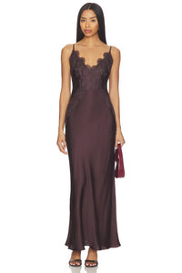 Simona Lace Slip Maxi Dress in Espresso