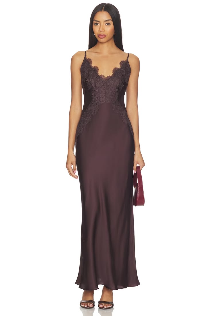 Simona Lace Slip Maxi Dress in Espresso