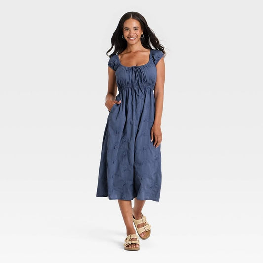 Women's Cap Sleeve Eyelet Midi Sundress Universal Thread Slate Blue M