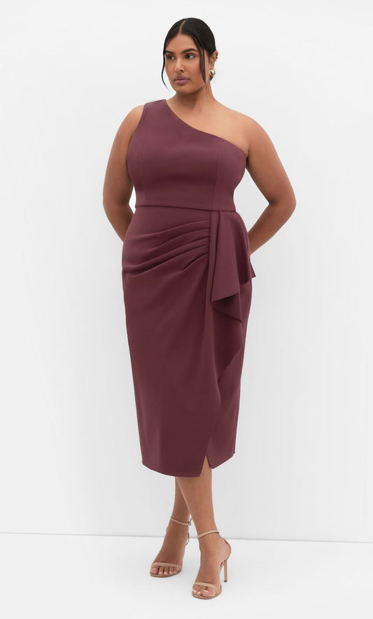 Plus Size Priyanka One Shoulder Choc Dress In Chocolate Cherry, Size