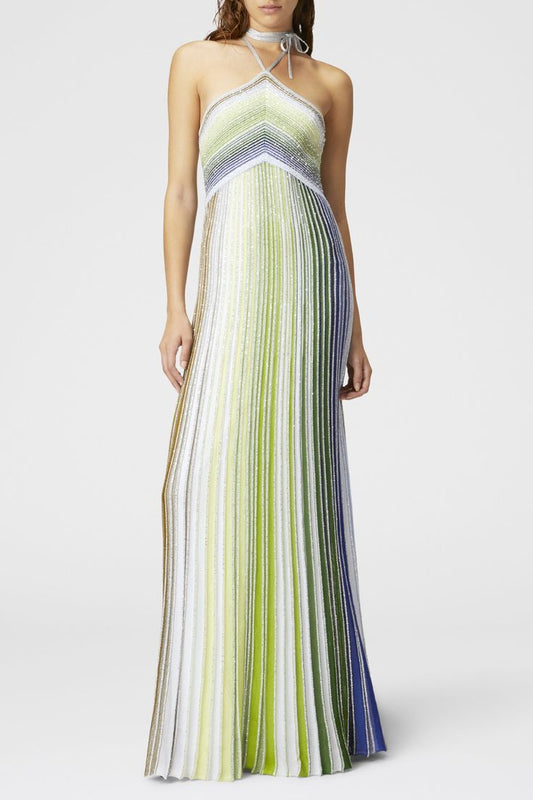 Fltya Halter Metallic Gradient Knit Maxi Dress Green L
