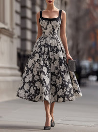 Square Neck Floral A Line Maxi Dress Black L(12 14)