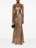 Iris Serban Metallic Plisse Maxi Dress Brown