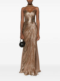 Iris Serban Metallic Plisse Maxi Dress Brown