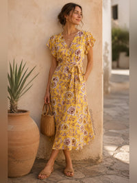 Alex Marie Dress Alex Marie Yellow Floral Button Front Midi Dress
