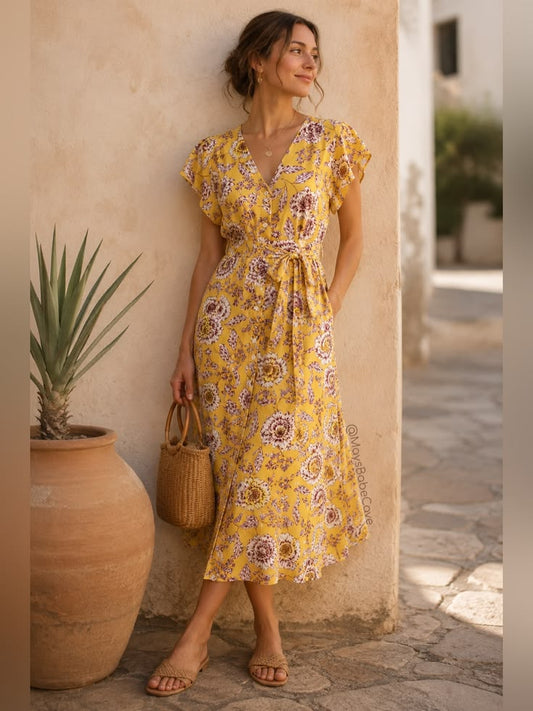 Alex Marie Dress Alex Marie Yellow Floral Button Front Midi Dress