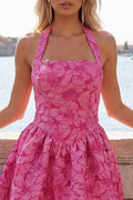 Floral Yellow Jacquard Halter A Line Short Homecoming Dress Fuchsia