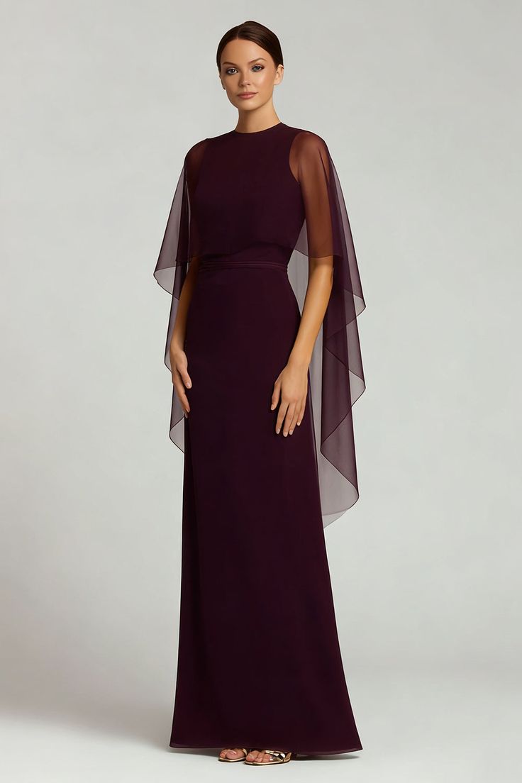 Burgundy Chiffon Crew Neck Sheath Long Formal Dress With Cape Burgundy