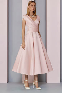 Navy Satin A Line Mother Of The Bride Dress V Neck Tea Length Wedding