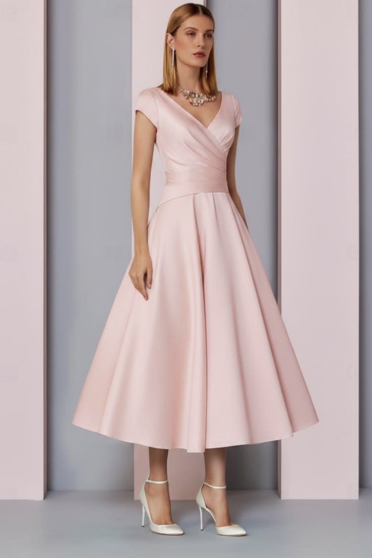 Navy Satin A Line Mother Of The Bride Dress V Neck Tea Length Wedding