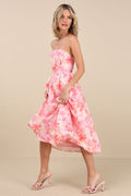 Eulalia Pink Floral Lace-Up Strapless Bustier Midi Dress